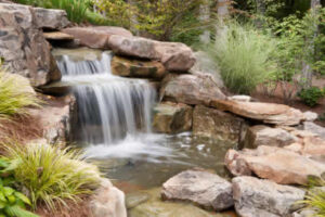 A waterfall makes an attractive addition to a water garden